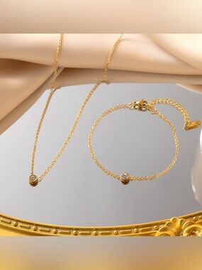 Gold Necklace and Bracelet Set with Crystal Accent - Gold